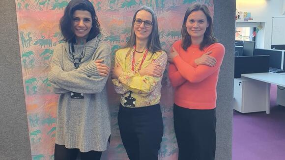 The LIGHT consortium's Knowledge Exchange Officer Taghreed El Hajj, Post-Doctoral Research Associate Beate Ringwald, and Research Uptake Manager Kerry Millington strike the #EmbraceEquity pose.